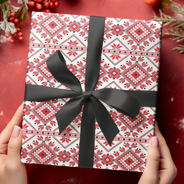 Papier Cadeau Festive Rouge Noir Classique Nordique Fair Isle Mo (Créateur téléchargé)