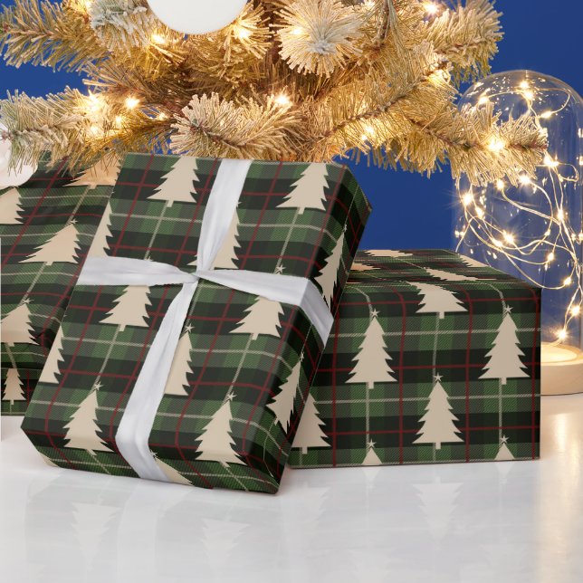 Papier Cadeau Festive Rouge, Vert & Crème Plaid & Arbres de Noël (Vacances)