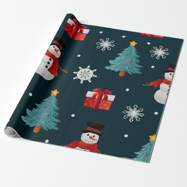 Papier Cadeau Festive Snowmen Christmas Trees Holiday Gift (Déroulé)