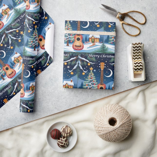 Papier Cadeau Festive Ukulele instrument de musique Noël de neig (Artisanat)