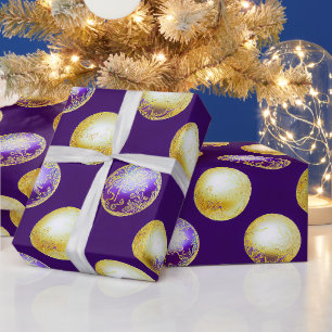 Papier Cadeau Festive violet et or ornements de Noël