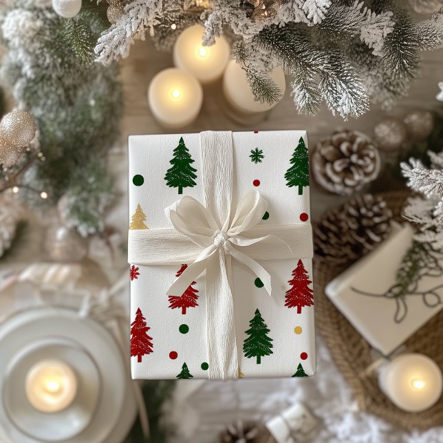 Papier Cadeau Festive Xmas Tree Pattern Red, Green & Gold (Créateur téléchargé)