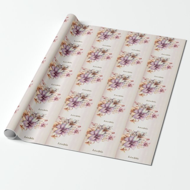 Papier Cadeau Fête Aquarelle Boho Rose Fleurs Élégant (Déroulé)
