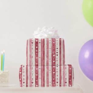 Papier Cadeau Fête Cœurs Rayures Rose Rouge Blanc