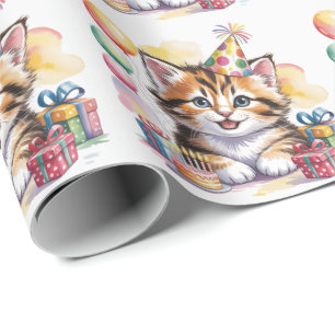 Papier Cadeau Fête d'anniversaire à l'aquarelle de chaton mignon
