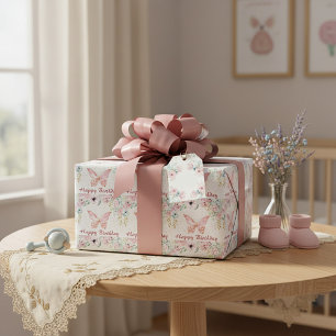 Papier Cadeau Fête d'anniversaire bébé papillon et floral pastel