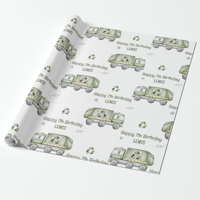 Papier Cadeau Fête d'anniversaire de camion-poubelle vert person (Personalized Green Garbage Truck Birthday Party Wrapping Paper)