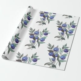 Papier Cadeau Fête d'aquarelle de Noël Bleu Berries sur blanc