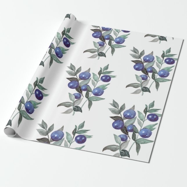 Papier Cadeau Fête d'aquarelle de Noël Bleu Berries sur blanc (Déroulé)