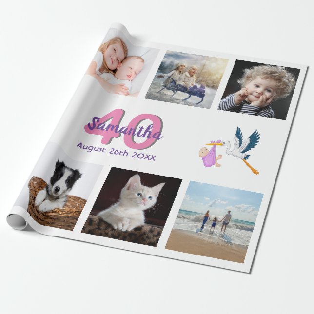 Papier Cadeau Fête de 40e anniversaire photo collage femme blanc (Déroulé)