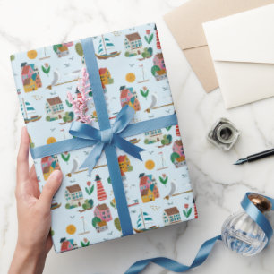 Papier Cadeau Fête de Baby Shower Village Coastal Bleu
