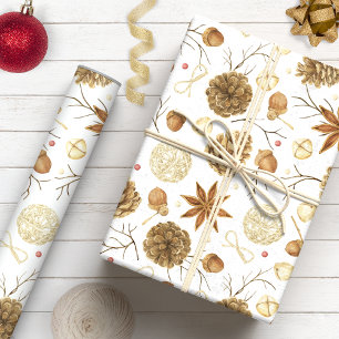 Papier Cadeau Fête de cône de pin aquarelle de campagne rustique