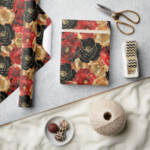 Papier Cadeau Fête de mariage floral noir et or 