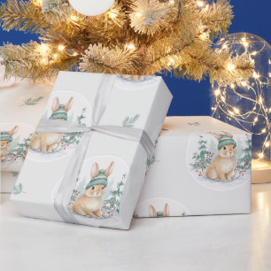 Papier Cadeau Fête de Naissance Lapin de la Forêt d'Hiver