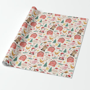 Papier Cadeau Fête de Noël à la ferme d'aquarelle mignonne