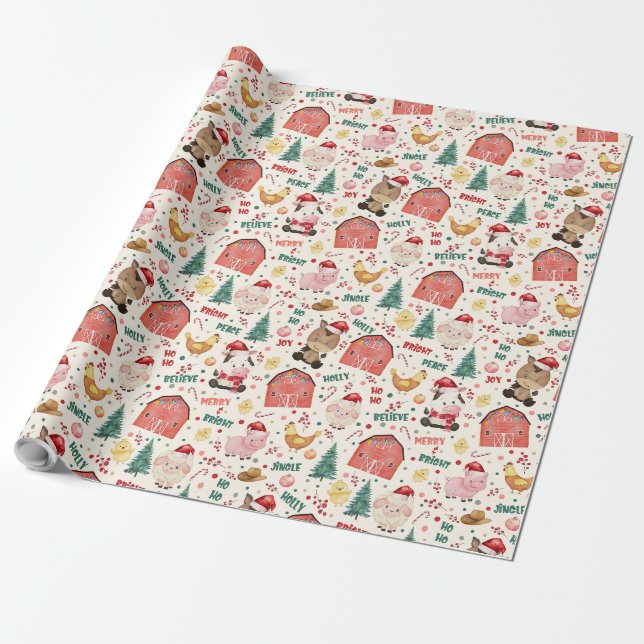 Papier Cadeau Fête de Noël à la ferme d'aquarelle mignonne (Déroulé)