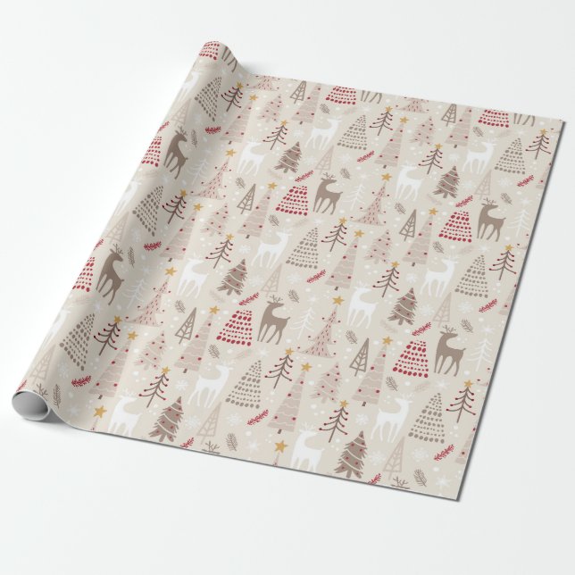 Papier Cadeau Fête de Noël Beige Tan Rouge (Déroulé)