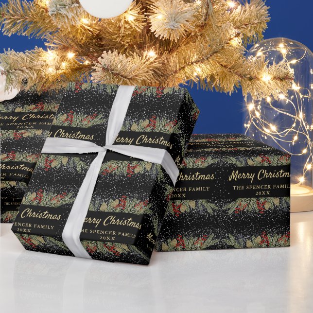 Papier Cadeau Fête de Noël Black Gold Holly Berries (Vacances)