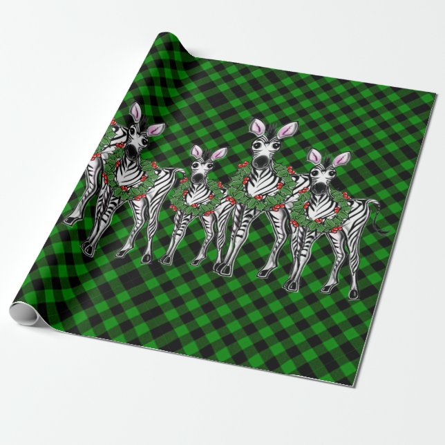Papier Cadeau Fête de Noël, couronne de xmas, plaid vert (Déroulé)