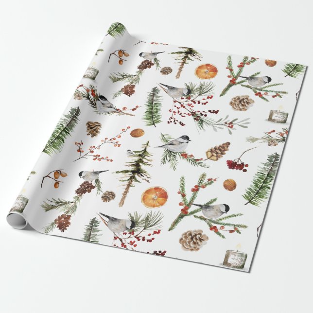 Papier Cadeau Fête de Noël des oiseaux Casquettes noirs (Déroulé)