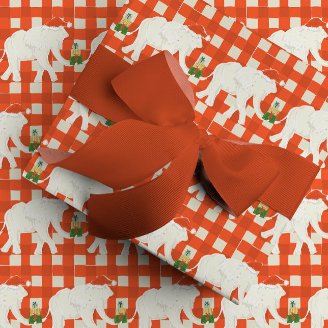 Papier Cadeau Fête de Noël Eléphant Blanc à Carreaux Rouges (Red Checkered White Elephant Christmas Party Wrapping Paper)