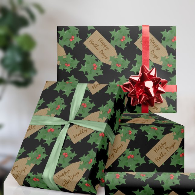 Papier Cadeau Fête de vacances Holly Berry Custom Black Christma (Fun and festive wrapping paper with space for your short message)