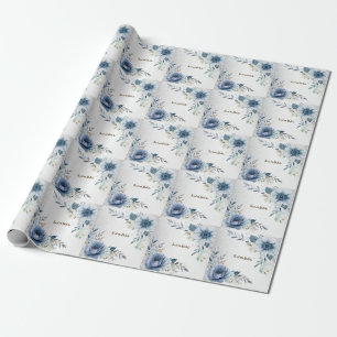 Papier Cadeau Fête Fleurs Aquarelle Bleu Poussiéreux Élégant Arg