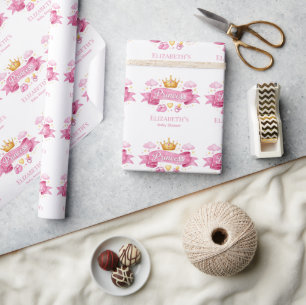Papier Cadeau Fête Prénatale Bébé Fille Princesse Aquarelle Rose