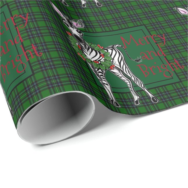 Papier Cadeau Fête Zebra Holly couronne | vert plaid (Coin rond)