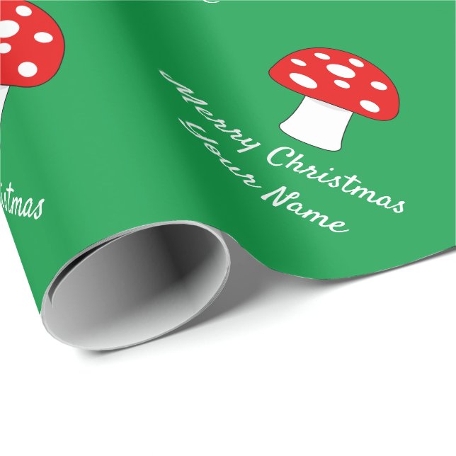 Papier Cadeau Fêtes de Noël aux champignons verts et rouges (Coin rond)