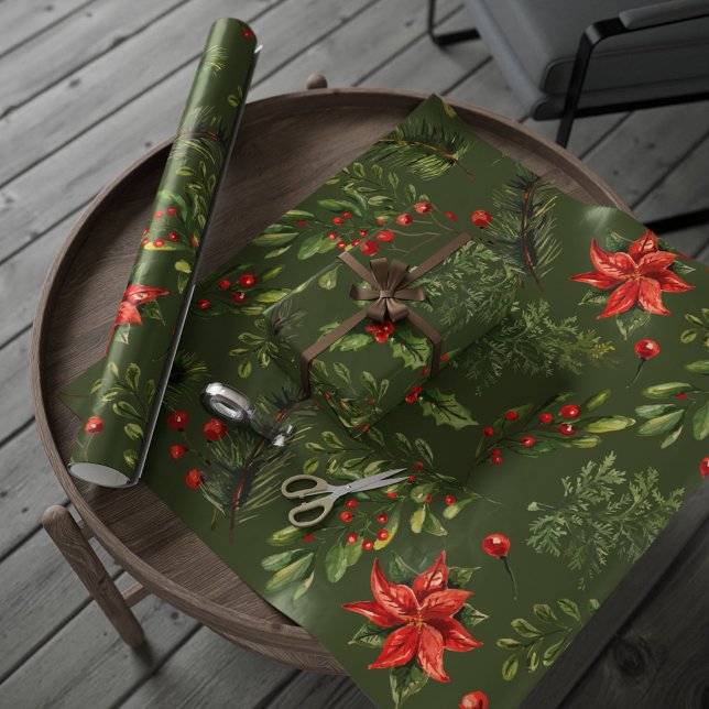 Papier Cadeau Fêtes de Noël Berries Verdure Botanique (Botanical Holly Red Berries Christmas Wrapping Paper)