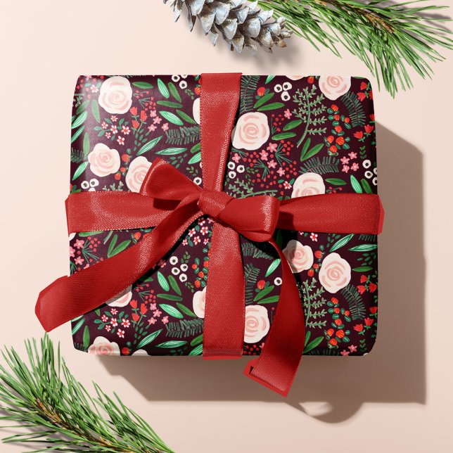 Papier Cadeau Fêtes de Noël Floral Moderne (Modern Floral Pattern Christmas Holiday Wrapping Paper)