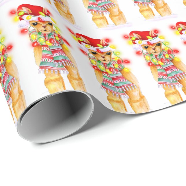 Papier Cadeau Fêtes de Noël Llama aquarelle motif (Coin rond)