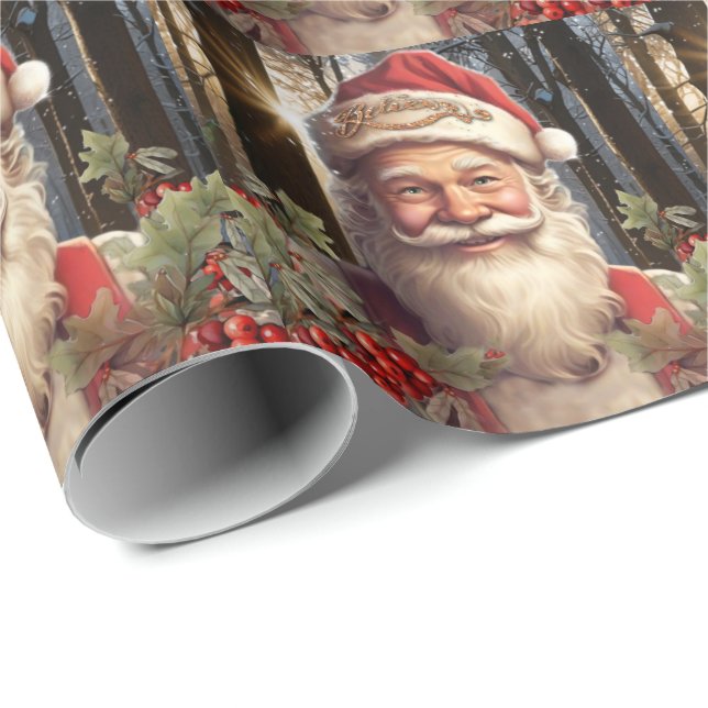 Papier Cadeau Fêtes de Noël Santa Claus forêt enneigée (Coin rond)