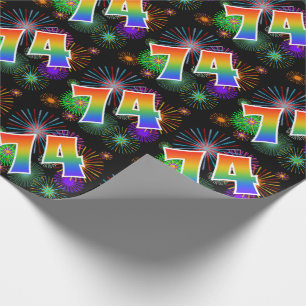 Papier Cadeau Feu d'artifice coloré + Motif arc-en-ciel "74" Num