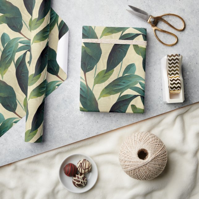 Papier Cadeau Feuillage beige et vert, enveloppement botanique s (Artisanat)