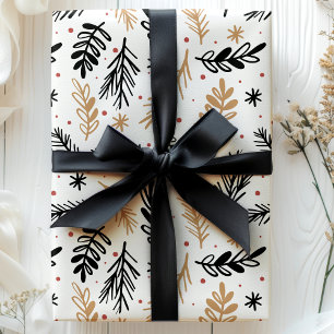 Papier Cadeau Feuillage de Noël Moderne Noir et Or