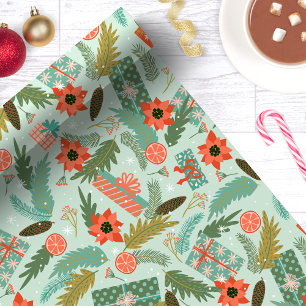 Papier Cadeau Feuillage de Noël Poinsettia Menthe Botanique