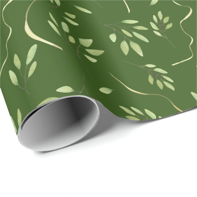 Papier Cadeau feuillage sur vert (Coin rond)
