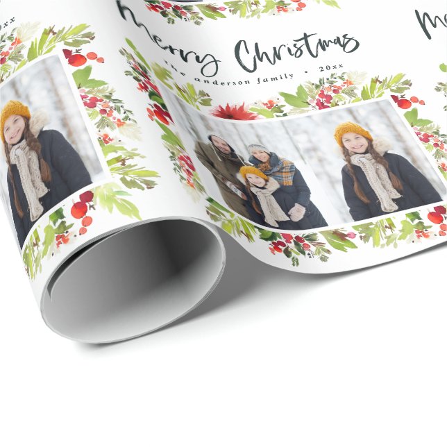 Papier Cadeau Feuillage traditionnel aquarelle + noël photo (Coin rond)