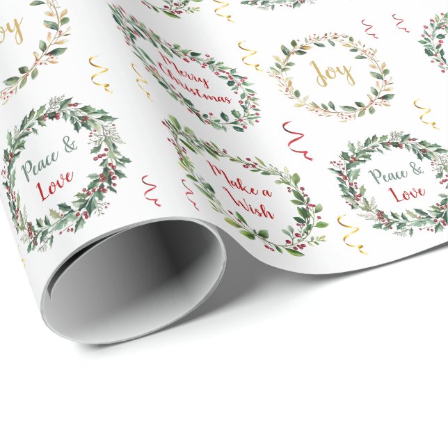 Papier Cadeau Feuillage vert Rouge Berry Monogramme de Noël (Coin rond)