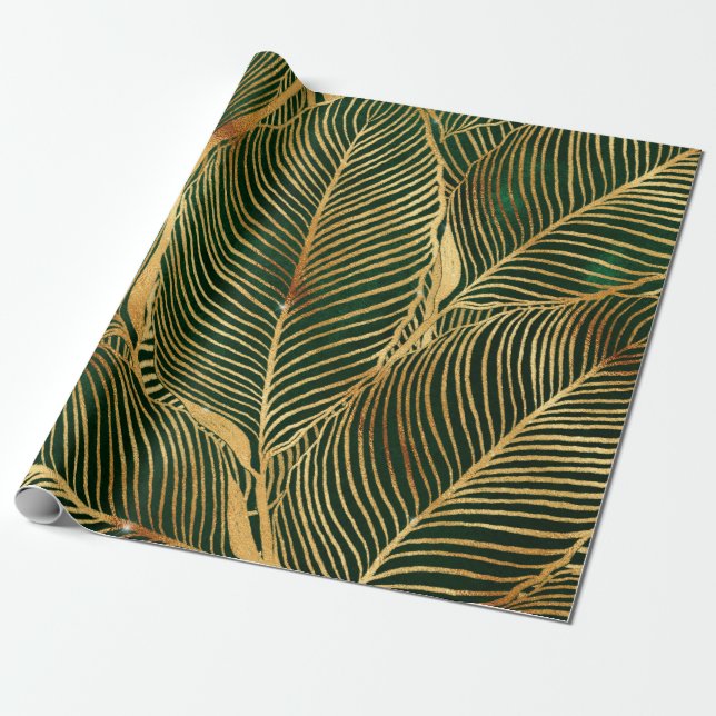 Papier Cadeau Feuille d'or Forêt verte Élégant Motif (Déroulé)