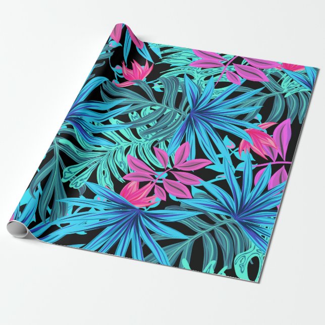 Papier Cadeau Feuille tropical au néon psychédélique et (Déroulé)