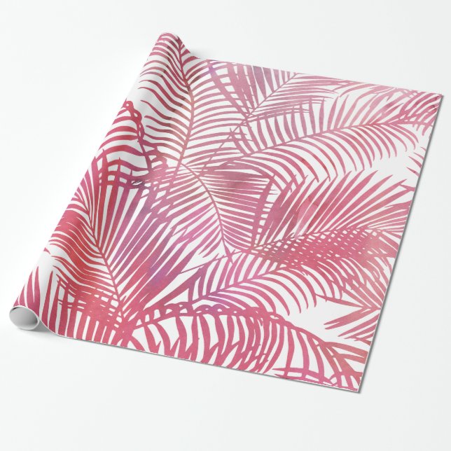Papier Cadeau Feuille tropical de palmier d'aquarelle rose (Déroulé)