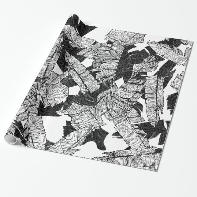 Papier Cadeau Feuille tropical noir et blanc moderne de banane (Déroulé)