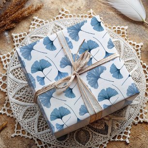 Papier Cadeau Feuille tropicale de ginkgo motif bleu et blanc