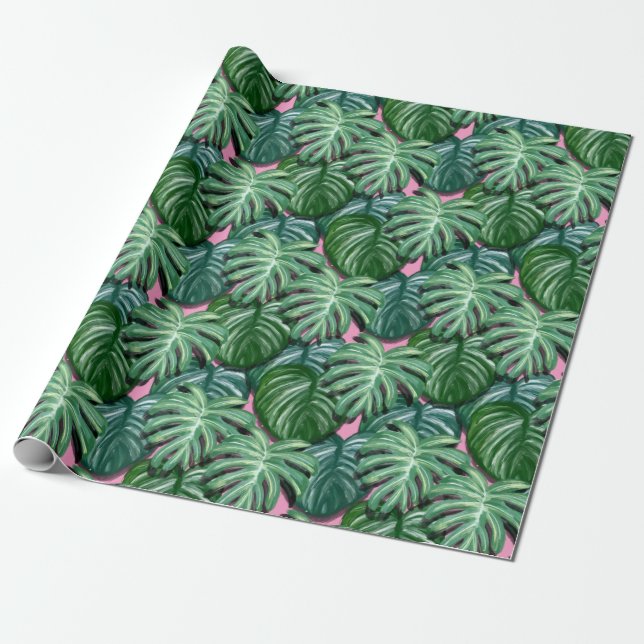 Papier Cadeau Feuille tropicaux vert et rose (Déroulé)