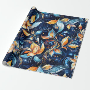 Papier Cadeau Feuilles Abstraits de marguerite bleu et or (2)