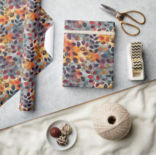 Papier Cadeau Feuilles automne Rouge Beige Bleu Thankesgiving