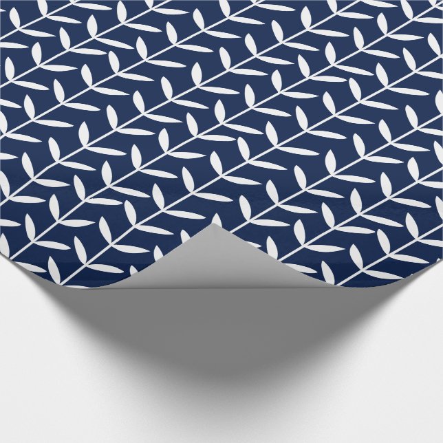 Papier Cadeau Feuilles - Blanc sur Bleu 001744 (Coin)